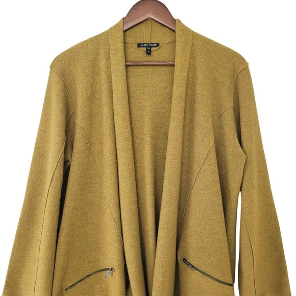 Eileen Fisher  Merino Wool Open Front Cardigan Jacket Womens Sz S Mustard Yellow - Picture 3 of 6